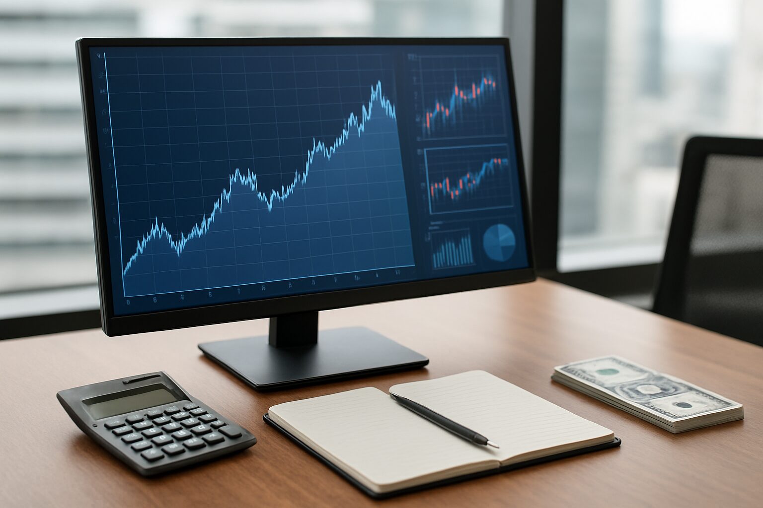 A desk with a calculator, an open notebook, and a stack of cash beside a computer monitor displaying financial graphs.