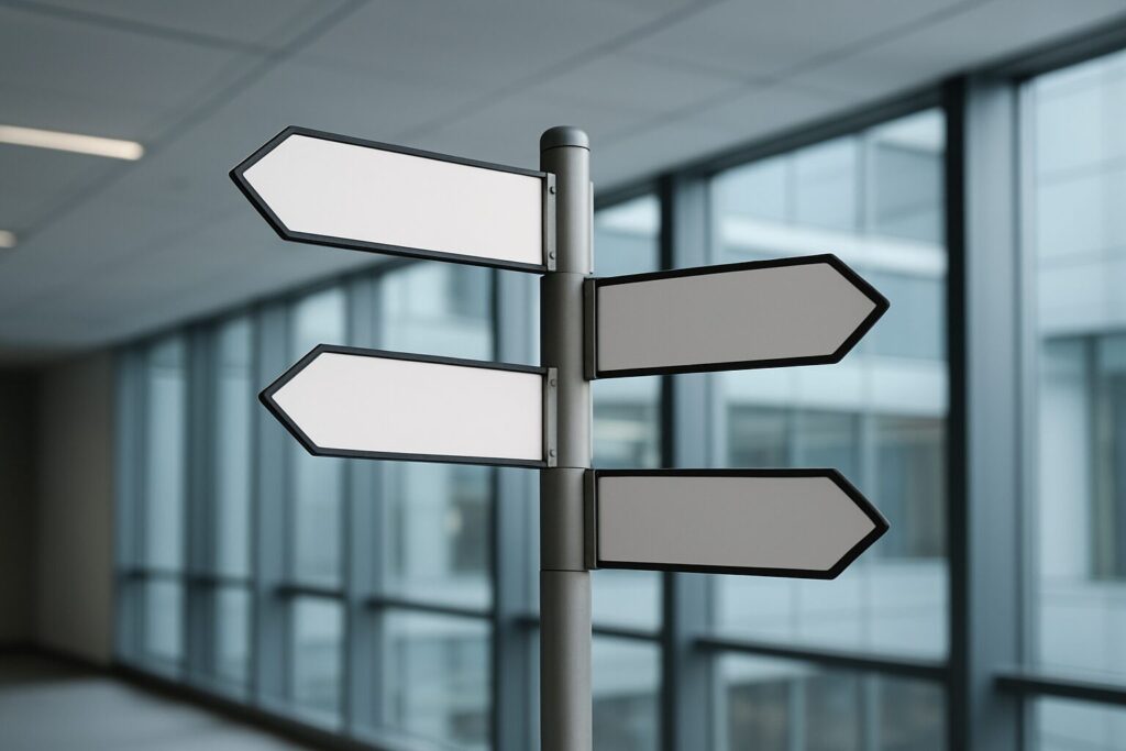 A blank directional signpost in a modern workspace with large windows in the background.