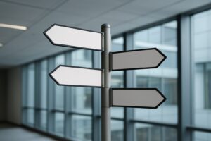 A blank directional signpost in a modern workspace with large windows in the background.