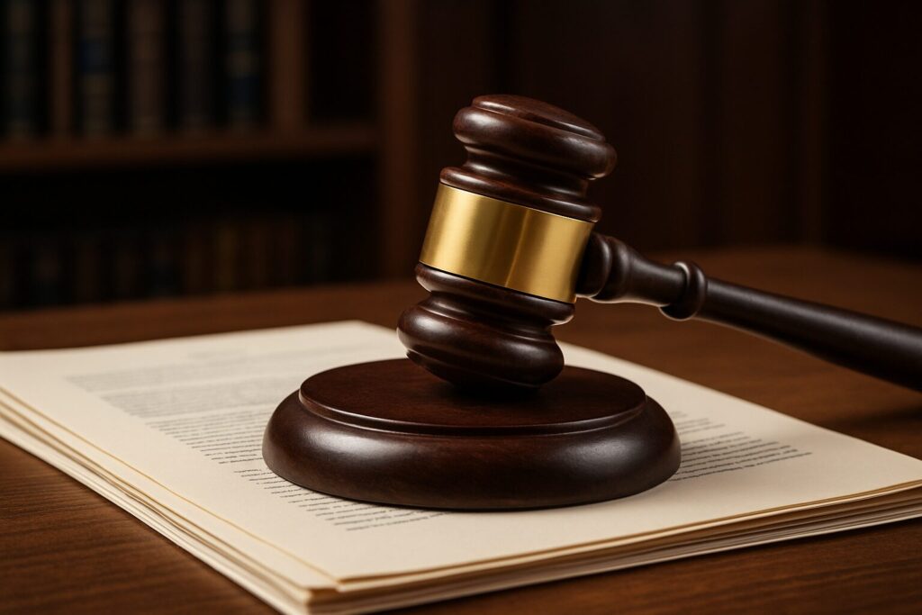A wooden gavel resting on a stack of legal documents in a professional setting