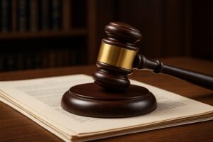 A wooden gavel resting on a stack of legal documents in a professional setting