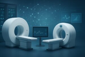 Two advanced radiology machines with a digital monitor displaying data in a high-tech environment.