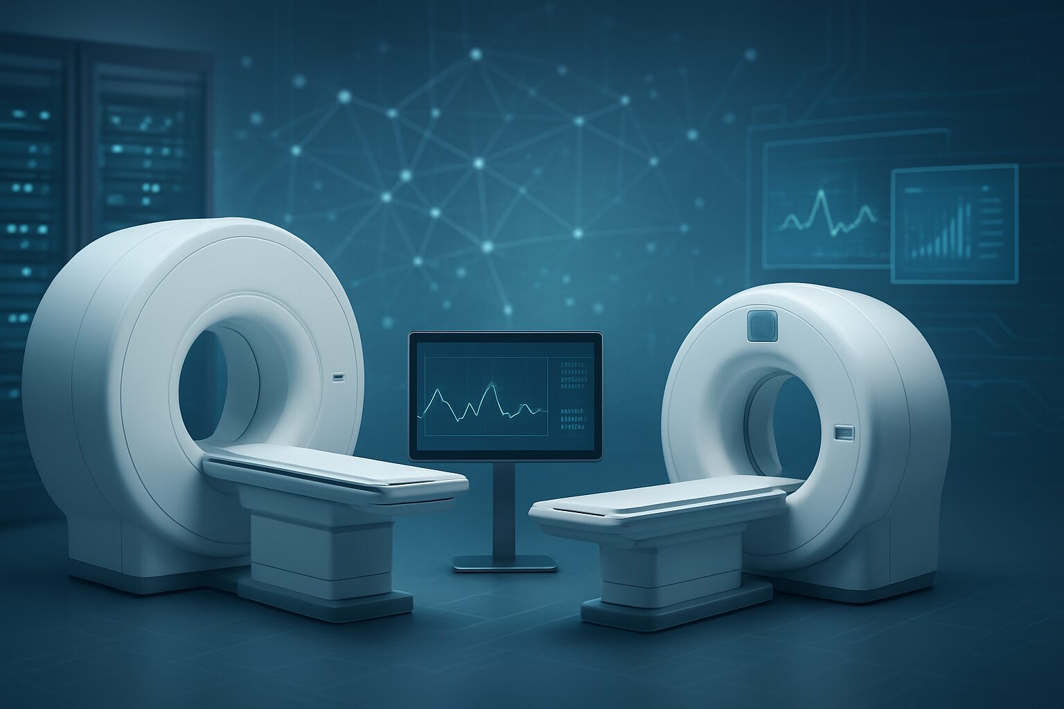 Two advanced radiology machines with a digital monitor displaying data in a high-tech environment.