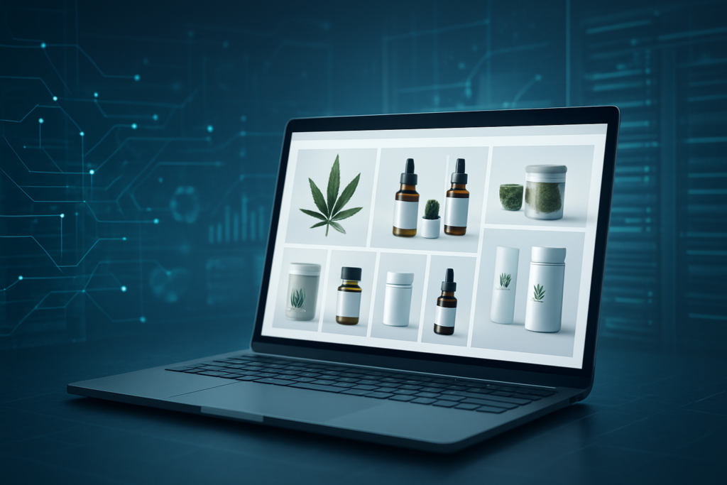 A laptop displaying images of cannabis products on a digital background.